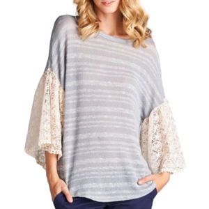 Oddy Boutique Striped Crochet Bell Sleeve Pullover Top Size Small